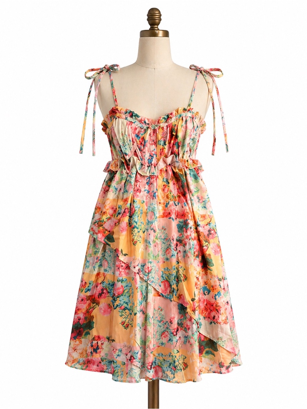 Floral Tie-Shoulder Sundress in Peach, mini dress . Size Large